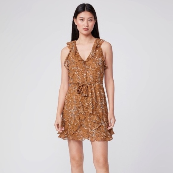 PAIGE TIA CARAMEL SPICE LEOPARD SILK RUFFLE MINI DRESS - Picture 1 of 14